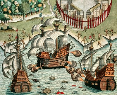 Battaglia tra francesi e portoghesi a Buttugar da Theodore de Bry