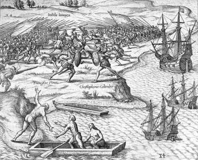 Battaglia in Giamaica tra Cristoforo Colombo e Francisco Poraz, 1504 1631 da Theodore de Bry