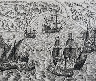 Battaglia davanti alla città di Matical nella Baia del Bengala, incisione da Indiae Orientalis, di Theodor de Bry da Theodore de Bry