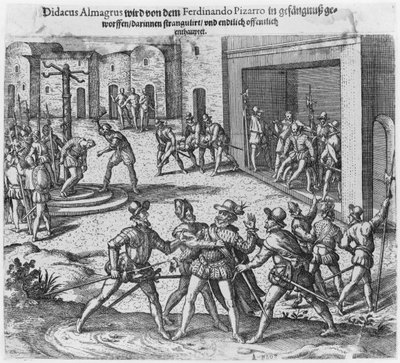 Cattura, processo ed esecuzione di Diego de Almagro per ordine di Francisco Pizarro da Theodore de Bry