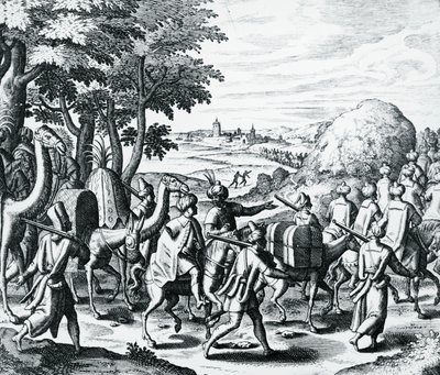 Carovana di mercanti arabi in viaggio da Aleppo a Basra, incisione da Grands and Petits Voyages di Theodor de Bry, Medio Oriente da Theodore de Bry