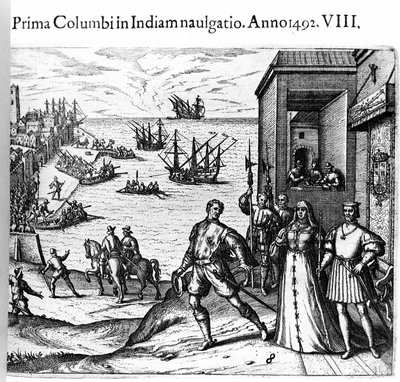Cristoforo Colombo e i fratelli Pinzon lasciano il porto di Palos in Spagna il 03/08/1492 per il Nuovo Mondo. A destra il Re e la Regina di Portogallo Cattolici Ferdinando II d
