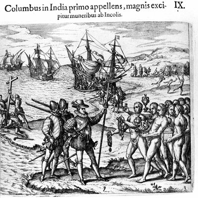 Cristoforo Colombo arriva nelle Indie Occidentali. Incisione di Théodore de Bry in "Admirante Narratio - Americae" da Theodore de Bry