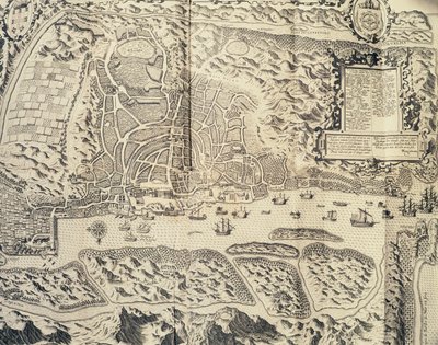 Città di Goa in India, incisione di Theodor de Bry dal resoconto di viaggio del marinaio Jan Huyghen van Linschoten in India Orientale Portoghese 1579-1592, XVI secolo da Theodore de Bry