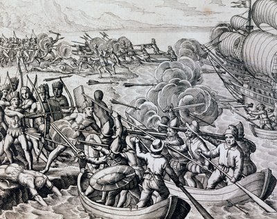 Scontro tra indiani nativi e truppe spagnole, incisione dalla Historia Americae, di Theodor de Bry, Francoforte da Theodore de Bry