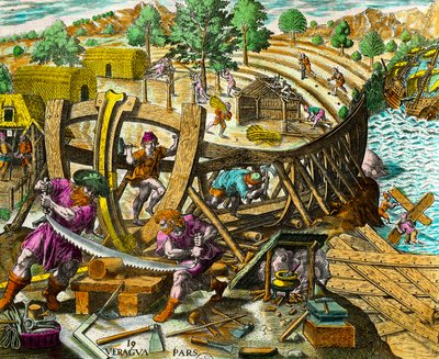 Costruzione di una barca per il navigatore spagnolo Vasco Núñez de Balboa (1475-1517). Incisione da Storia delle Americhe di Theodore de Bry (1528-1598) XVI secolo. Collezione privata da Theodore de Bry