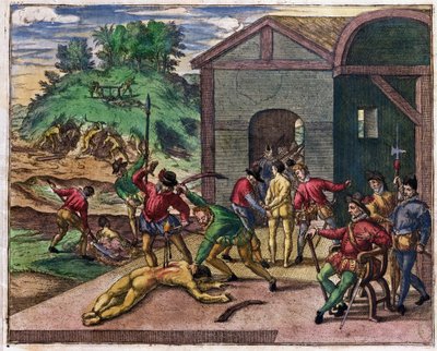 Crudeltà dei coloni spagnoli verso gli indiani, Messico, c.1550 da Theodore de Bry