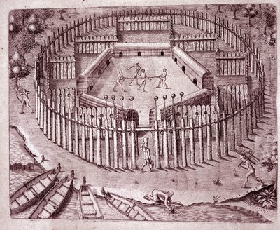 Sistema di difesa delle capanne indiane con una doppia fila di tronchi d
