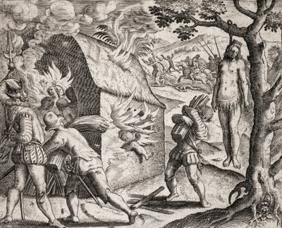 Descrizione dei crimini inflitti agli indiani dai coloni spagnoli - Incendio di un villaggio indiano da parte dei Conquistadores. Impiccagione - Incisione di Theodore de Bry in "Narratio regionum indicarum per Hispanos quosdam devastatarum verissima" di Ba da Theodore de Bry