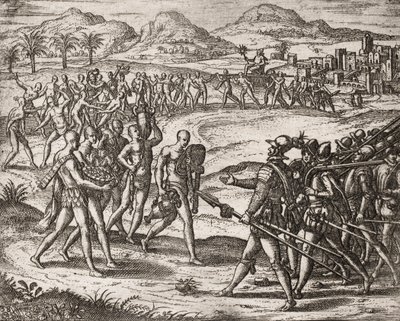Descrizione dei crimini inflitti agli indiani dai coloni spagnoli - Indiani che portano doni e oro ai Conquistadores - Incisione di Theodore de Bry in 