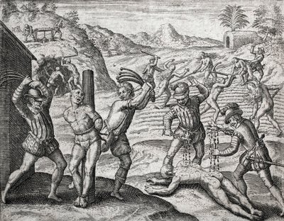 Descrizione dei crimini inflitti agli indiani dai coloni spagnoli - Spagnoli che torturano indiani - Incisione di Theodore de Bry in "Brevisima Relacion de la Destruction de las Indias" di Bartolome de las Casas (1484-1566) da Theodore de Bry