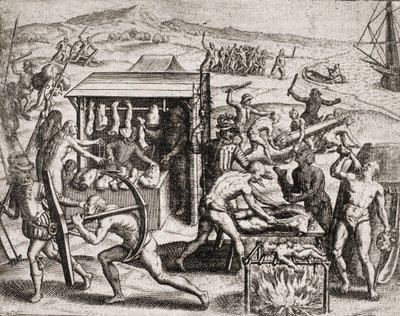 Descrizione dei crimini inflitti agli indiani dai coloni spagnoli - Conquistadores spagnoli che fanno lavorare gli indiani e li maltrattano - Indiani antropofagi - Incisione di Theodore de Bry in "Narratio regionum indicarum per Hispanos quosdam devastatar da Theodore de Bry