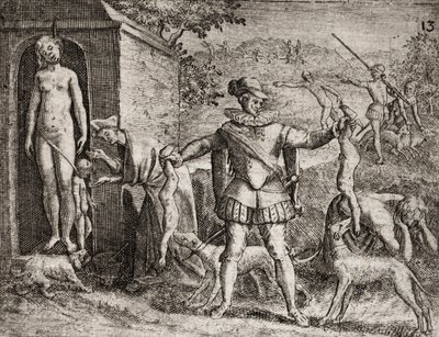 Descrizione dei crimini inflitti agli indiani dai coloni spagnoli - Conquistadores spagnoli che massacrano donne e bambini indiani. Impiccagione. Bambini gettati ai cani - Incisione di Theodore de Bry in 