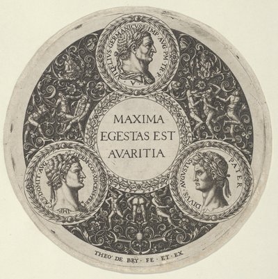 Design per un piatto con ritratti degli imperatori romani Vitellio, Domiziano e Augusto, ca. 1588 da Theodore de Bry