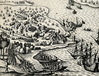 Spedizione olandese lungo la costa del Mozambico, incisione da India orientalis da Theodore de Bry