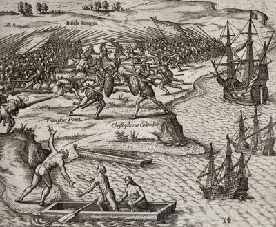 Combattimento tra Cristoforo Colombo e Francesco Poresio in Giamaica, incisione di Theodor de Bry (1528-1598) da Theodore de Bry