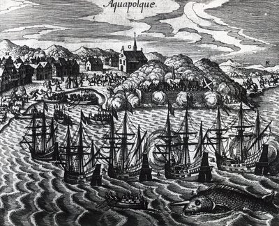 Flotta di galeoni nel porto di Acapulco, incisione di Theodor de Bry (1528-1598) da Theodore de Bry