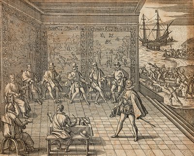 Francesco Pizarro si prepara per la sua spedizione in Sud America da Theodore de Bry
