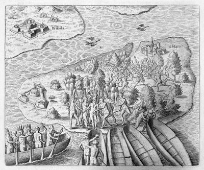 Hans Staden catturato dagli indiani Tupinamba durante il suo viaggio in Brasile, 1552, da 