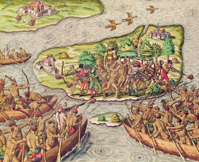 Hans Staden catturato dai nativi americani in Brasile da Theodore de Bry