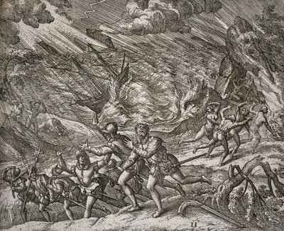 Uragano che affonda la Santa Maria, caravella di Cristoforo Colombo da Theodore de Bry