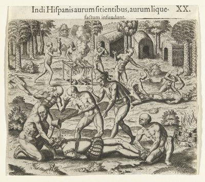 Gli indiani versano oro liquido nella bocca di uno spagnolo, 1594 da Theodore de Bry