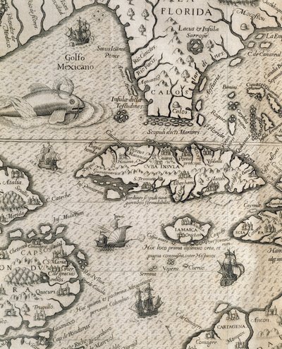 Isola di Cuba, Florida e Golfo del Messico, incisione da "Storia dei grandi viaggi americani" da Theodore de Bry