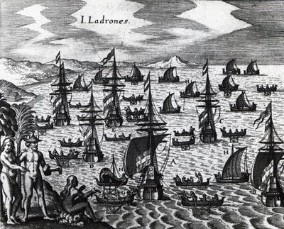 Isole dei Ladri (Islas de los Ladrones, oggi isole Marianne), incisione da Peregrinationes, di Theodor de Bry. XVI secolo da Theodore de Bry