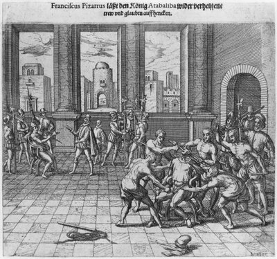Re Atahualpa giustiziato a Cajamarca per ordine di Francisco Pizarro, 1533 da Theodore de Bry