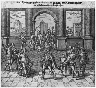 Re Atahualpa tratta il suo riscatto con Francisco Pizarro, 1533 (incisione) da Theodore de Bry