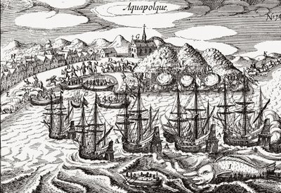 Messico, Vista di Acapulco - Messico (Aquapolque), Theodore de Bry, ca. 1630. Vista antica dell