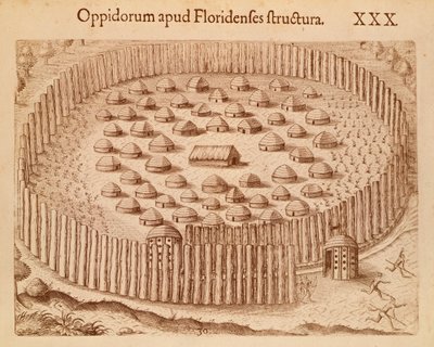 Villaggio nativo in Florida, illustrazione da Il Discorso della Florida di Theodore de Bry da Theodore de Bry