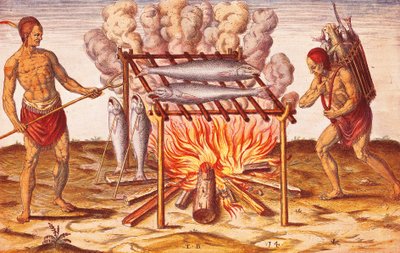 Come gli indiani cucinano il pesce, illustrazione da Admiranda Narratio di Theodore De Bry da Theodore de Bry