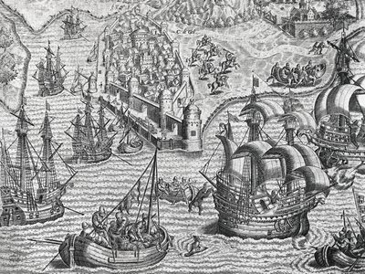 Battaglia navale, incisione da American History da Theodore de Bry
