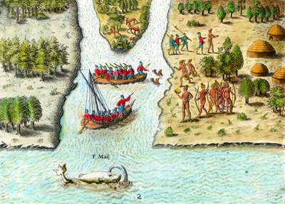 Navigazione dei francesi in Sud America nel XVI secolo. Una balena è rappresentata. Incisione da 
