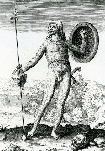 Uomo Pitto che tiene una Testa Umana da Theodore de Bry