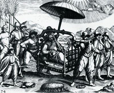 Portoghesi in India, trasportati su lettiga, incisione da Peregrinationes, di Theodor de Bry, India da Theodore de Bry
