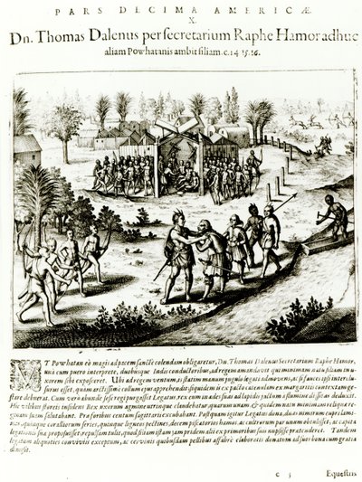 Ralph Hamor visita Powhatan, 1619 da Theodore de Bry