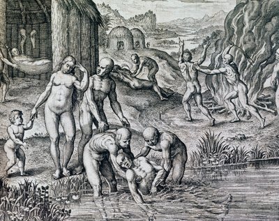 Rimedi usati dai nativi contro le malattie, incisione da Historia America, Francoforte da Theodore de Bry