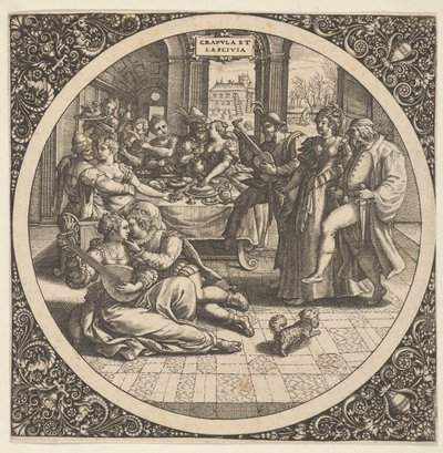 Scena con galanti a un banchetto in un cerchio al centro da Theodore de Bry