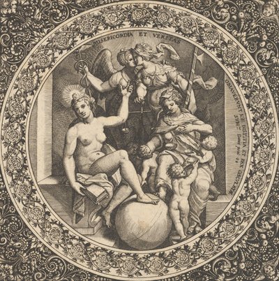 Scena con Misericordia e Veritas in un cerchio al centro da Theodore de Bry