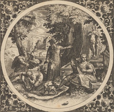 Scena con un avvertimento contro le malattie veneree in un cerchio al centro, 1580-1600 da Theodore de Bry
