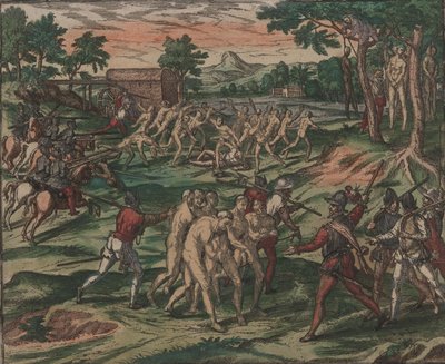 Gli schiavi tentano di sopraffare i loro padroni spagnoli, ma vengono catturati e impiccati agli alberi da Theodore de Bry