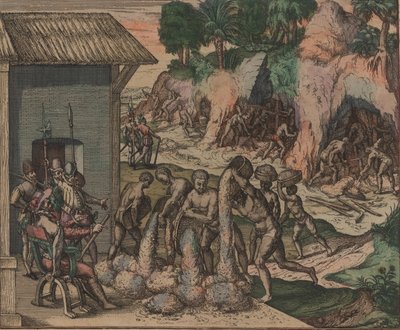 Schiavi versano oro davanti ai soldati europei. Sullo sfondo, schiavi lavorano nelle miniere, 1595 da Theodore de Bry