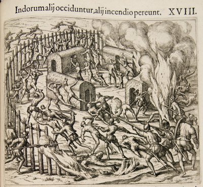 Alcuni indiani vengono uccisi, alcuni periscono in un incendio. Da: Americae pars quarta da Theodore de Bry