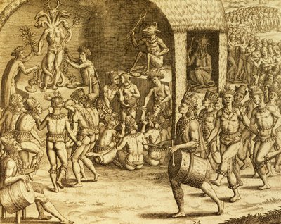 Rito religioso indigeno sudamericano, incisione da Historia americae, di Theodor de Bry (1528-1598), Francoforte da Theodore de Bry