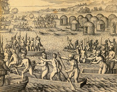Indigeni sudamericani che attaccano le navi dei conquistatori da Theodore de Bry