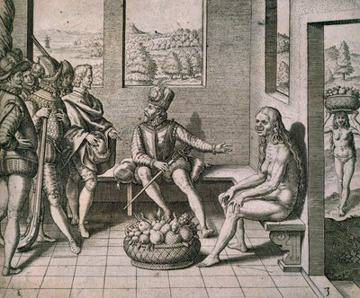 Conquistatori spagnoli che incontrano donne native in America da Theodore de Bry