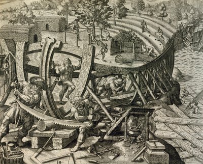 Marinai spagnoli che costruiscono una caravella, incisione da Historia Americae, di Theodor de Bry da Theodore de Bry