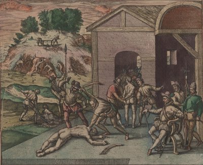 Soldati spagnoli osservano e eseguono la punizione di uno schiavo, 1595 da Theodore de Bry